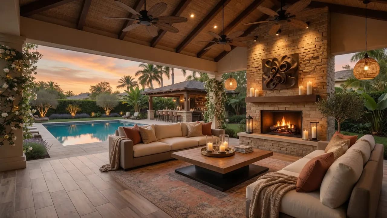Covered living & lounge — luxury home transformation inspiration by Vantage Construction