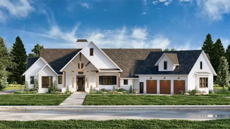 Front elevation of The Willow Ridge Farmhouse, a 3,146 sq ft Modern Farmhouse custom home design available through Vantage Construction