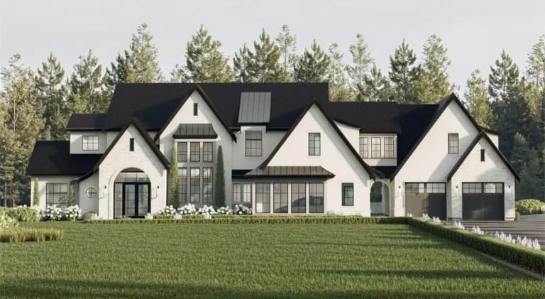 Front elevation of The Grand Alpine, a 4,954 sq ft Modern Farmhouse custom home design available through Vantage Construction