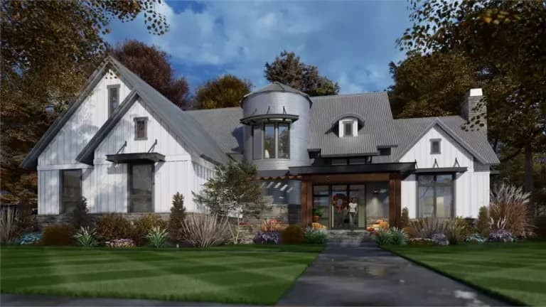 Front elevation of The Silo House, a 2,425 sq ft Modern Farmhouse custom home design available through Vantage Construction
