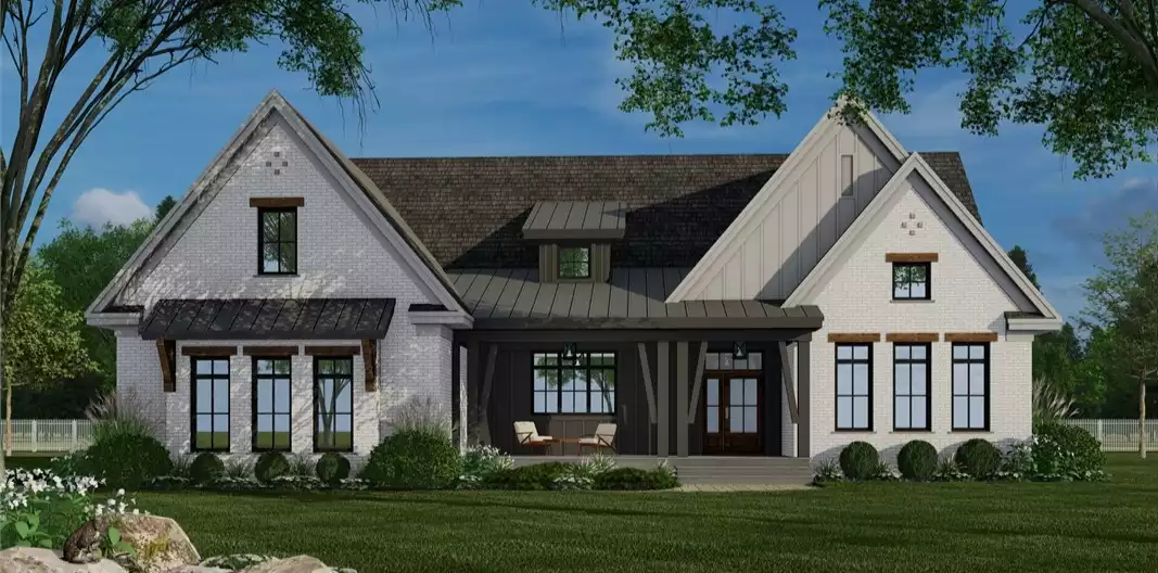 Front elevation of The Silverleaf Manor, a 2,364 sq ft Modern Farmhouse custom home design available through Vantage Construction