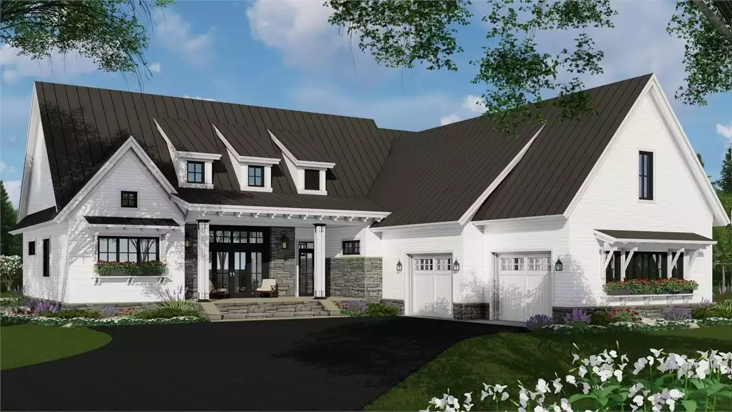 Front elevation of The Westbrook Estate, a 2,340 sq ft Modern Farmhouse custom home design available through Vantage Construction