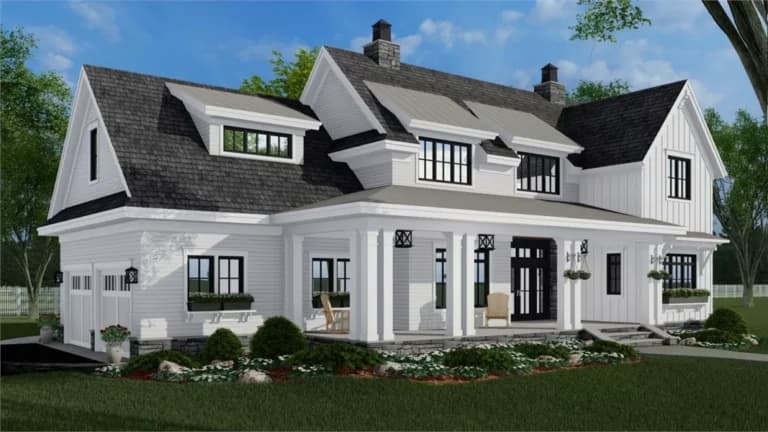 Front elevation of The Meadowbrook Estate, a 2,841 sq ft Modern Farmhouse custom home design available through Vantage Construction