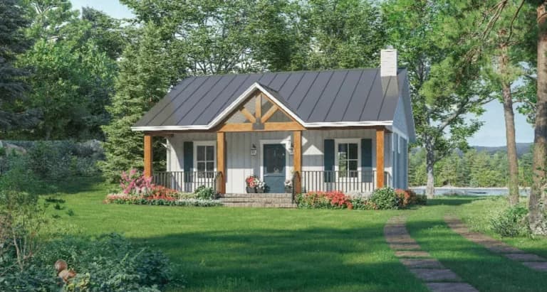 Front elevation of The Cozy Craftsman Cottage, a 872 sq ft Craftsman Cottage custom home design available through Vantage Construction