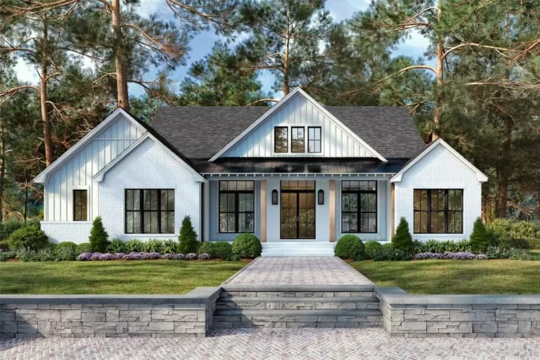 Front elevation of The Fairview Ranch, a 2,407 sq ft Modern Farmhouse custom home design available through Vantage Construction