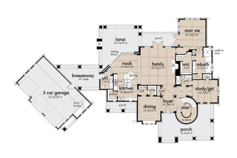 Floor plan of The Chateau Royale, a 3,349 sq ft Modern Farmhouse custom home design available through Vantage Construction