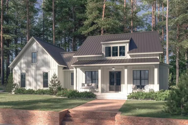 Front elevation of The Modern Homestead, a 1,448 sq ft Modern Farmhouse custom home design available through Vantage Construction