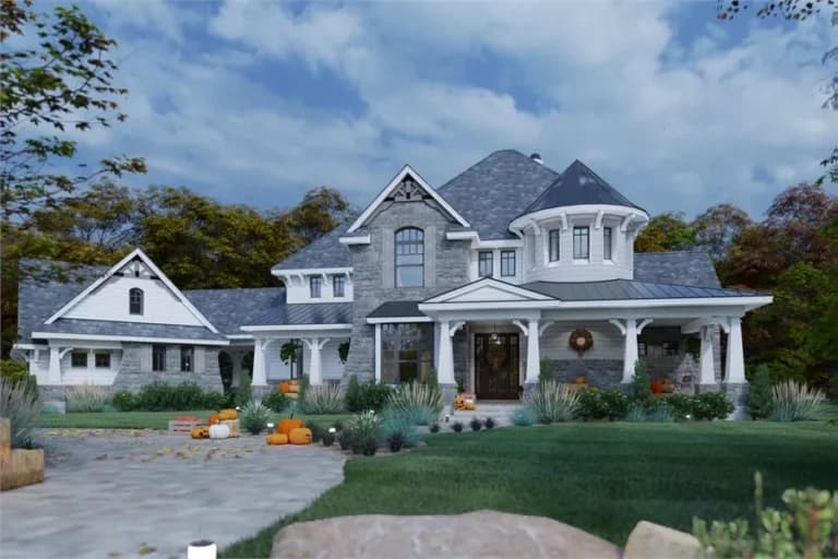 Front elevation of The Chateau Royale, a 3,349 sq ft Modern Farmhouse custom home design available through Vantage Construction
