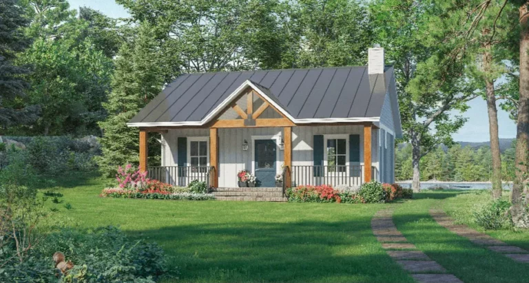 Front elevation of The Cozy Craftsman Cottage, a 872 sq ft Craftsman Cottage custom home design available through Vantage Construction