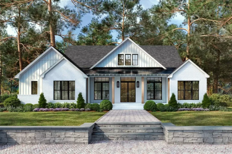 Front elevation of The Fairview Ranch, a 2,407 sq ft Modern Farmhouse custom home design available through Vantage Construction
