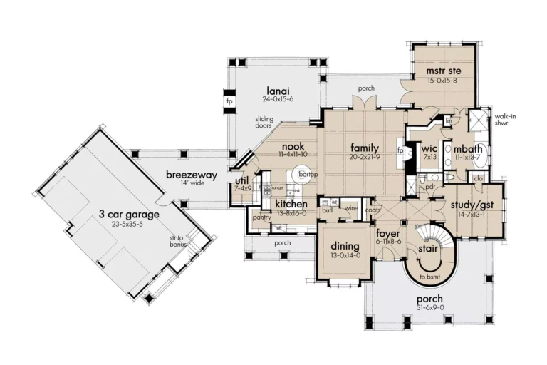 Floor plan of The Chateau Royale, a 3,349 sq ft Modern Farmhouse custom home design available through Vantage Construction